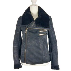 The Kooples Faux Suede Faux Fur Lined Black Moto Jacket Size Small